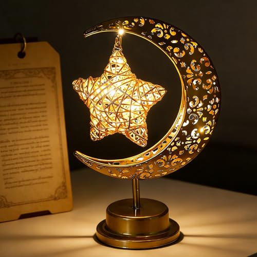 CHENBOOW Lampada da Tavolo Ramadan,Lampada Decorativa Ramadan,Lampada a LED a Forma di Luna e Stella,Decorazione Eid Mubarak,Decorazione da Tavolo Musulmana,per Casa,Camera da Letto,Ufficio