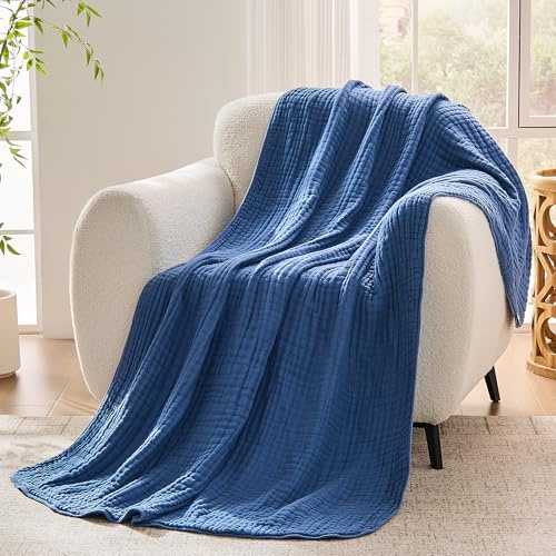 VANJOROY Musselin Tagesdecke 150x200cm-100% Baumwolle 6-Lagen Oeko-Tex Zertifizierte, Weiche Leichte Sommerdecke als Kuscheldecke, Bett-Überwurf, Baumwolldecke für Sofa und Bett. Blau
