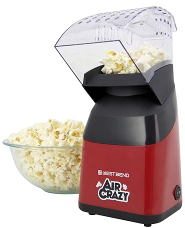 West Bend Air Crazy Hot Air Popcorn Popper Machine for Healthy Snacking with No Oil, Includes Dual-Purpose Measuring Cup & Butter Melter, 4-Quart, Red