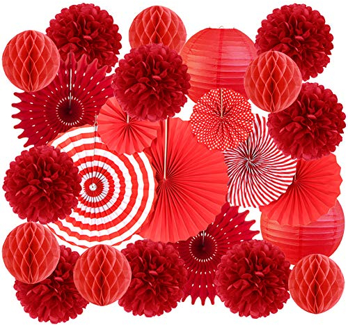 SUNBEAUTY 24 Stück Rot Dekoration Pompoms Wabenbälle Papierfächer deko für Geburtstag Hochzeit Muttertag Feier Valentinstag Christmas Party