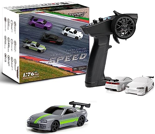 FLYCOLOR Turbo 1/76 Escala Mini Coche RC con 2.4G Control Remoto Clásico Luces LED Totalmente Proporcional Vehículos Modelos (C73-Gris)