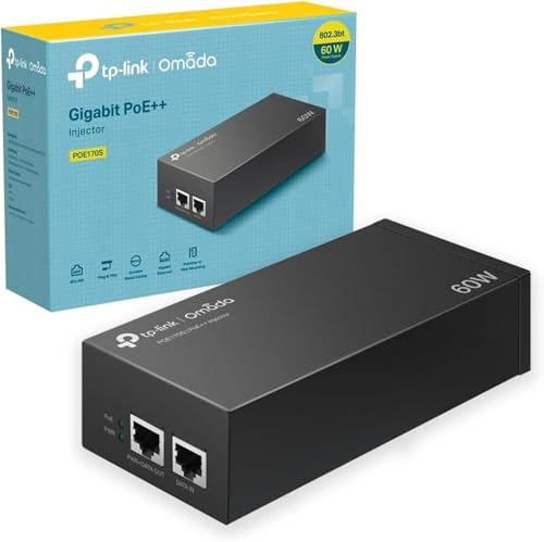 TP-Link POE170S PoE++ Injector, IEEE 802.3af/at/bt, 2× Gigabit Ports PoE Injector, Non-PoE to PoE Adapter, Supplies Up to 60W, Plug & Play, Desktop/Wall-Mount, Distance Up to 100m, Metal Case