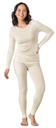LAPASA Dam 100% merinoull baslager set termiska underkläder långärmad topp, elastiska Long Johns botten L58 L91, Benvit – lätt, M