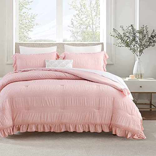 ALEISSEL Set di biancheria da letto in Seersucker rosa cipria con bordi arricciati, set da 3 pezzi, set copripiumino alternativo in piuma (rosa cipria, 228,6 x 228,6 cm)