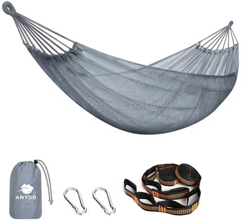 Anyoo Große Netz Hängematte 320x150cm, Atmungsaktives Cool-Mesh Hängematte mit Baumgurten für Outdoor Camping Garten Wandern Rucksacktouren