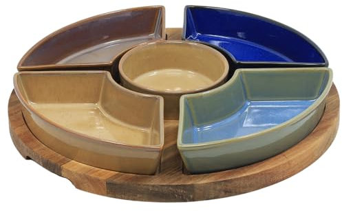 Lesser & Pavey Snack Dishes & Wood Trays for Food Serving | Wood Snacks Serving Platter with Bowls | Colourful Designers Round and Square Food Serving Tray Set of 5 - Elements