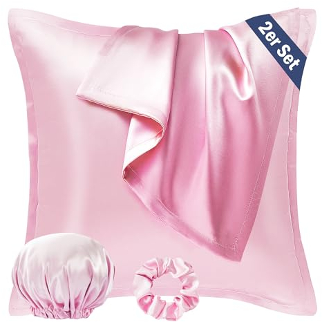 Seiwohl Satin Kissenbezug 80x80 2er Set, Weich wie Seidenkissenbezug Silk Pillowcase, Vegane Seide Kopfkissenbezug Kissenhülle Haarschutz für die Nacht mit Haargummi und Haarhaube, Rosa