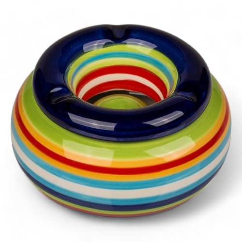 MIJOMA Posacenere antivento in dolomite, posacenere da tavolo in ceramica con coperchio, resistente alle intemperie, per interni ed esterni (blu a righe, Ø 11 cm)