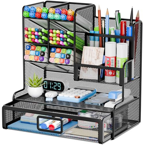 Restorgan Netz Schreibtisch Organizer,12 Fächer Mesh Stifthalter mit Schublade, Stiftehalter Schreibtisch, Stiftebox, Multifunktionaler Schreibtisch Organizer für Heimbürobedarf