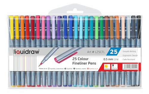 Liquidraw Multicolor Fineliner Pens - 25 Set | Fine Point 0.5 mm Tip | Storage Wallet | Ergonomic Colored Pens For Artists, Drawing, Calligraphy, Sketching, Bible Journaling Pen | Fade Resistant Ink
