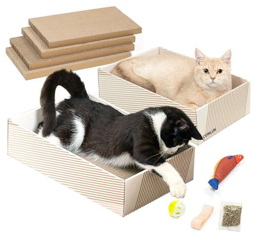 Conlun Cat Scratcher Box with 4 Cat Scratching Board&2 Separate Cardboard Boxes&1 Toy Ball&1 Fish Catnip Toy,2-in-1 Scratch Box for Multiple Kitten Play,Birthdays Holiday Kitty Toys Gift