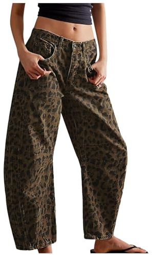 Générique Jean Leopard Femme Jambe Large Pantacourt Jeans Baggy Taille Basse Coupe Droite Vintage Pantalon Leopard Femme Large décontracté Jean Wide Leg Cropped Denim Barrel à la Mode Pants