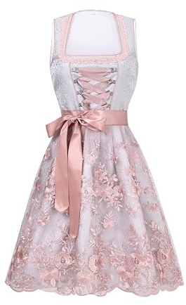 Jecarden Midi Dirndl da donna con grembiule in pizzo per Oktoberfest, abito tradizionale bavarese, per occasioni tradizionali, 2 pezzi (34-50), grigio / rosa, 42