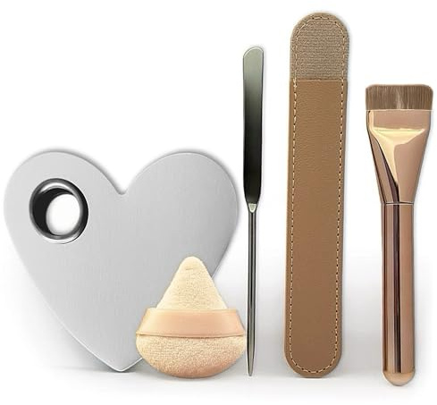 Ensemble de pinceaux de maquillage – Pinceau plat pour fond de teint, éponge mélangeur, spatule pour le visage, palette de mélange en forme de cœur avec étui en cuir – Kit complet d'outils de