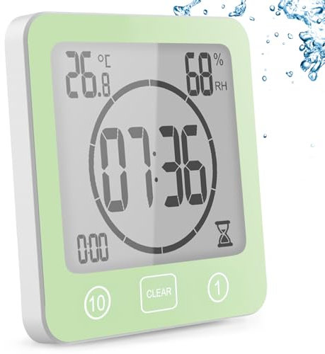 Horloge de Salle de Bain,Minuterie de Douche Numérique à Ventouse, Horloge de Douche étanche avec Hygromètre et Thermomètre,Fonction Compte à rebours, Alarme Numérique LCD,pour Cuisine Maquillage-Vert