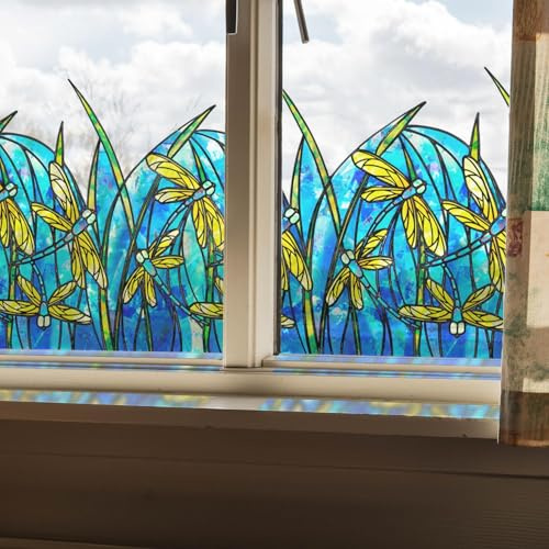 ChicSkin Hand Drawn Blue Thistle Stained Glass Window Stickers 43X138CM | Original Non-adhesive Static Cling Dragonfly Window Clings,Static Cling Glass Decoration for Living room Bedroom Kitchen