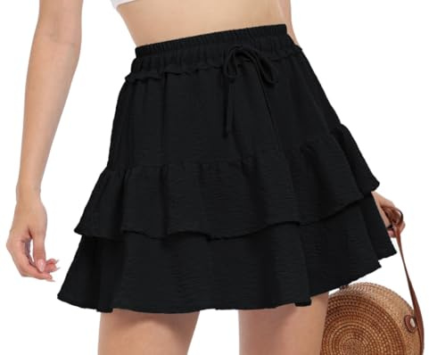 PrinStory Women's Mini Skirt High Waisted Ruffle Skirt Short Skorts With Drawstring