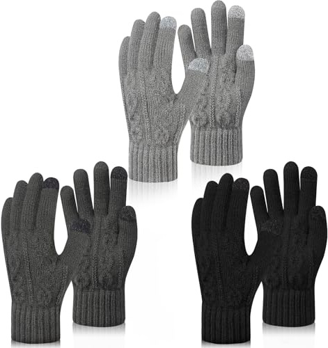 ViEinkaufen 3 Pairs Winter Gloves for Men Thermal Touch Screen Gloves Warm Knitted Glove with Soft Fleece Lining for Running Driving Hiking Skiing - Black,Dark Gray,Light Gray