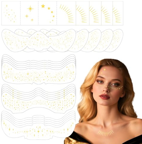 Sularpek 25 Pcs Tatouages Dorés à Paillettes pour Le Visage Effronté, Métal Tatouages Temporaires, es Taches de Rousseur, Étoiles Dorées et Points, Pour Halloween, Fête, Carnaval, Festival, Noël