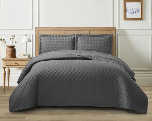 2 Pieces Quilted Bedspread Bed Throws Luxury Embossed Diamond Check Pattern Reversible Quilt Bedspreads Coverlets for Bedroom Decor with Matching Pillow Shams, Quilt Bedding Set (Grey, Single)