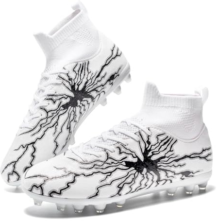 HRJR Men's Soccer Cleats Football Cleats for Unisex-Adult High-Top Spikes Shoes for Youth Big Boys Lightweight Professional Training Turf Outdoor Athletic Sneaker White 9.5
