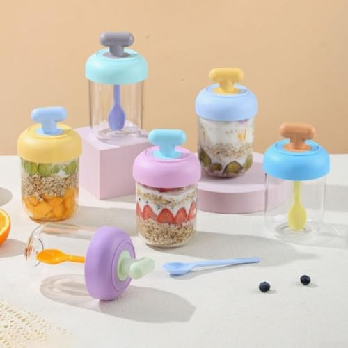 Måltidsförberedande glasburk med lock och sked för havregrynsgröt, designad för mjölk, spannmål, havregryn, yoghurt, pudding och sallader, med en dubbelförseglad läckagesäker design (blått lock)