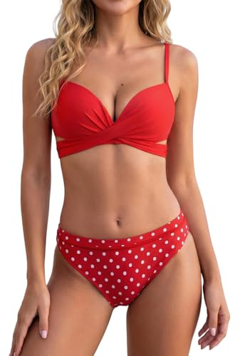 CUPSHE Women's Bikini Set Push Up Wrap Front Bikini Ruched Two Piece Swimwear Bathing Suits Red/Polka Dot M