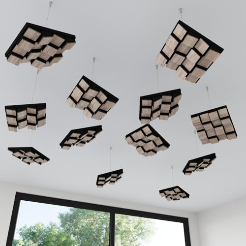 Pack de 4 mini difusores acústicos colgantes para techo | Paneles 3D HDF con kit de suspensión | Diseño moderno | Difusor de sonido 3D | 23 × 23 cm | Color: [Sonoma | ZARINITY]