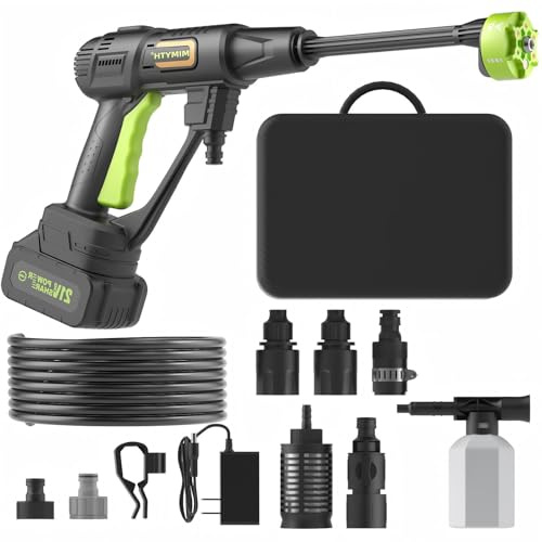 Cordless Portable Washer, Handheld Washer, Battery Operated Washer for Car Home Outdoor Patio Garden, Lightweight Car Washer, Washer with Foam Pot, Cleaner with 23FT Elastic Hose (Evergreen)