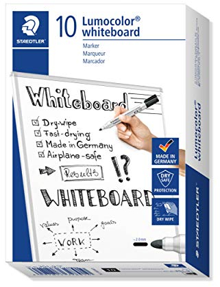 STAEDTLER Whiteboard Marker Lumocolor, schwarz, trocken und rückstandsfrei abwischbar, Rundspitze ca. 2 mm Linienbreite, hohe Qualität Made in Germany, 10 schwarze Marker, 351-9