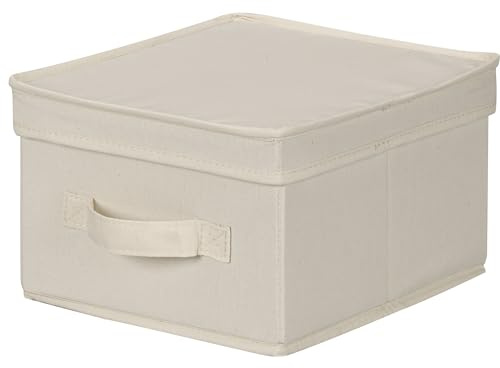 Household Essentials 111 Storage Box with Lid and Handle - Natural Beige Canvas - Medium,Natural Trim