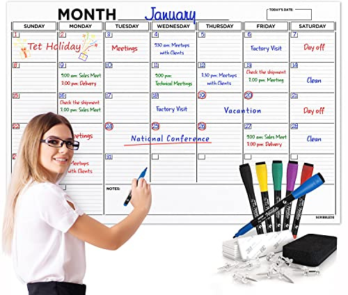 Large 36x48 White Board Calendar Blank Dry Erase Calendar for Wall Big Dry Erase Wall Calendar Monthly Large Wall Calendar Dry Erase Board Planner Includes 6 Markers Eraser Push Pins & Mounting Tape