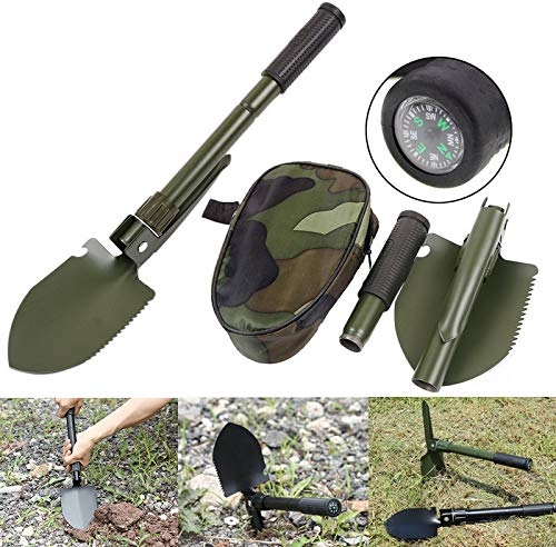 MEETOZ Pala de camping plegable militar y portátil, pequeño y compacto con bolsa de transporte, multiherramienta de supervivencia para camping, senderismo, mochilero, patio trasero, tienda