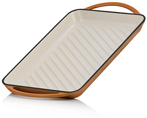 Mahlzeit Plancha de Hierro Fundido Esmaltado Sunny Orange | 39,5 x 22 x 3,5 cm | Parrilla para Asar con Asas, Rectangular, Estriada | Placa de Hierro Fundido Cocina Gas, Eléctrica, Inducción