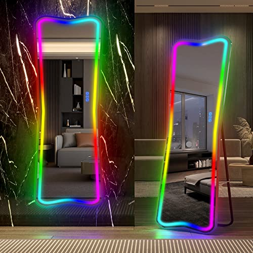 LVSOMT Ganzkörperspiegel mit Beleuchtung RGB, 150x50CM Standspiegel LED Bunt, Stehspiegel in Voller Länge, Großer Spiegel mit Beleuchtung für Schlafzimmer, Aufstellspiegel mit 7 Farbe Licht, Schwarz