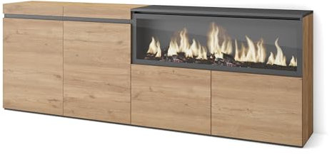 Skraut Home | Aparadores para salón | Gran Capacidad de almacenaje | 210 | 4 Puertas | Chimenea eléctrica XXL | Estilo Moderno | Roble