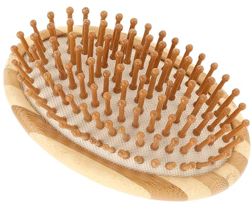Griffloser Bambus Haarbürste, Runder Tragbarer Bambus Bürste Kopfhaut Massagebürste Anti-Frizz Holzkamm Luftkissenkamm mit Naturpins Mini Reisebürste für Alle Haartypen Und Haarlängen