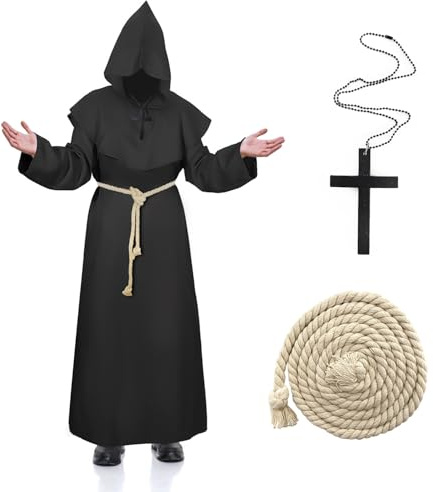 Hukermoon Disfraz de Monje Medieval Hombre Disfraz de Monje Sacerdote Túnica de Halloween, Disfraz Fraile Adulto Traje Renacimiento Sacerdote Ropa con Collar de Cruz para Carnaval Cosplay (Negro, L)