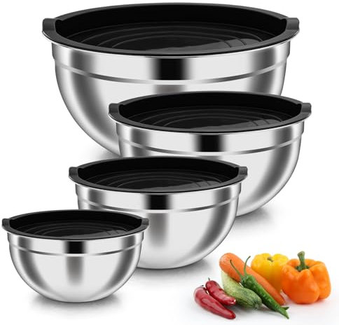 Onader Rührschüssel 4er Set, Edelstahl Schüssel mit Luftdichtem Deckel, Salatschüssel Set zum Kochen, Backen, Spülmaschinenfest & Gesund, 4,5L/ 3L/ 1,5L/ 1,2L - Schwarz