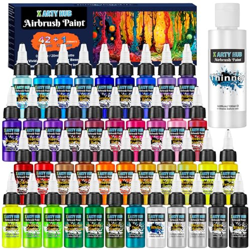 X ARTY HUB Airbrush-färg – 42 färger med 4,05 Fl Oz tunnare, skimrande, neon och metallisk luftborste färger akryl redo att spraya, vattenbaserat målningsset för konstnärer nybörjare