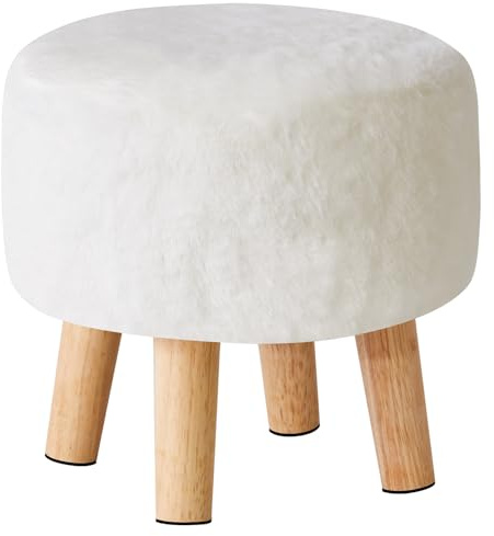 YMYNY Tabouret Pouf Ottoman Moderne en Bois Massif, Rond et Bas, Repose-Pieds pour Salon et Chambre, 32×32×32CM, Blanc HBD035W
