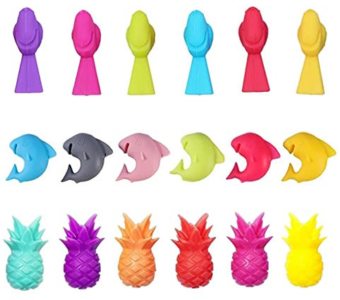 Lot de 18 marqueurs de verre à vin en silicone motif dauphin, ananas, oiseau