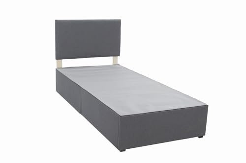 Panana Divan Base with Flat Headboard and Wood Slats, with/without Drawer Option, 3ft 4ft 4ft6 5ft 6ft Sizes, Linen Fabric Grey, No Spring Needed (3FT Single, No Drawer)