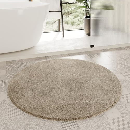Homie Living Badteppich, Badematte kuscheliger Flauschiger weicher Flor l rutschfest und Waschbar Porto Azzurro (90 cm rund, hell Taupe)
