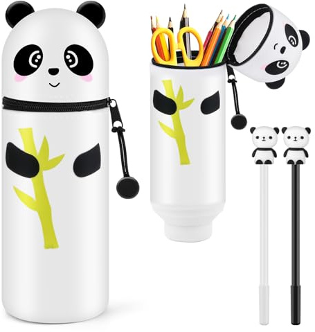 HGRGHH Astuccio Scuola 2 in 1 in Morbido Silicone, Panda Espandibile a Forma di Portapenne, Portapenne in Silicone con Chiusura a Cerniera, Astuccio con 2 Penne, Regalo Scolastico per Bambini