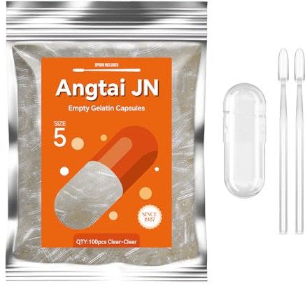 AngtaiJN Capsule Gelatina Vuote 5-Capsules Trasparenti da Riempire con 2 Microcucchiai, Capsula di Gelatina 5 Compatibile con il Riempitore di Capsulas Misura 5, 100 pezzi