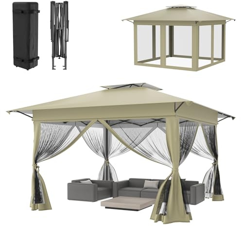 ACXIN 4 x 4 m, hopfällbar paviljong, vattentät höjdjusterbar, trädgårdspaviljong med nätsidoväggar, UV-skydd, pop-up paviljong inkl. bärväska med hjul, för trädgård terrass bakgård (kaki)