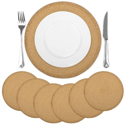 comfoyar Juego de 6 Manteles Individuales Marrón Redondo Trenzado, Salvamanteles Individuales de Manteles Papel con Borla Corta para Cocinas y Comedores Decoración de Mesas para Fiestas 38x38cm