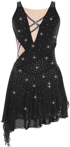 Winnrchan Women Figure Skating Dress Rhinestone Lyrical Dance Dress Flowy Tulle Skirt Leotard Ballet Dancewear Black Medium