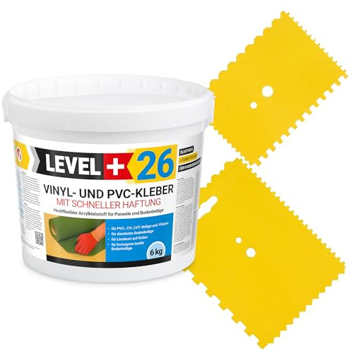 Level Plus 26 adesivi in vinile PVC LVT CV, 6 kg, per pavimenti in vinile, senza solventi, rapida adesione + 2 spatole dentate